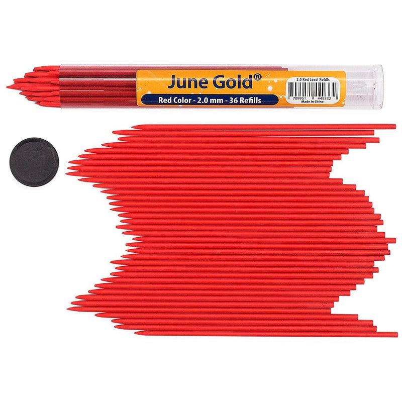 June Gold 36 Red (Cherry #101) Colored 2.0 mm Lead Refills, Bold Thickness for Heavy Use, Break Resistant with a Convenient Dispenser - Image 1